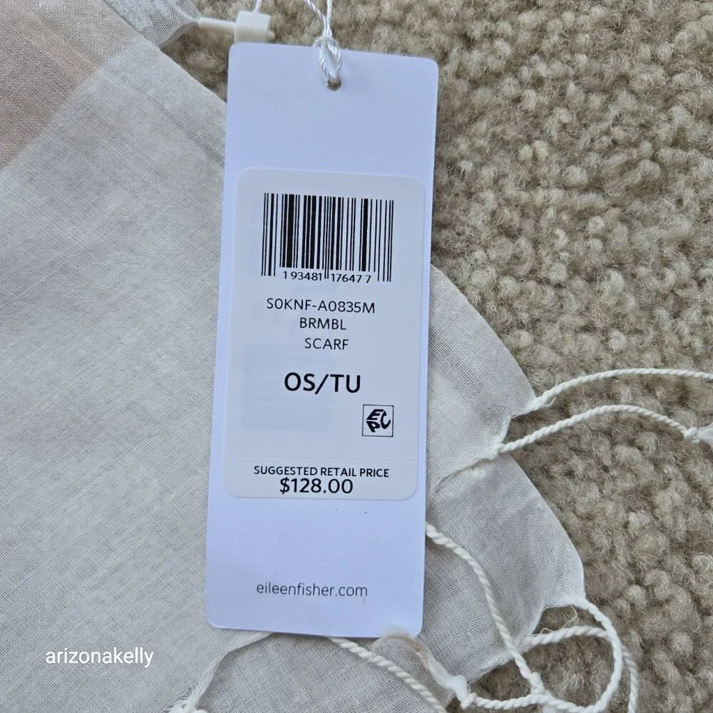 NWT Eileen Fisher Organic Cotton Striped Scarf Tan and White